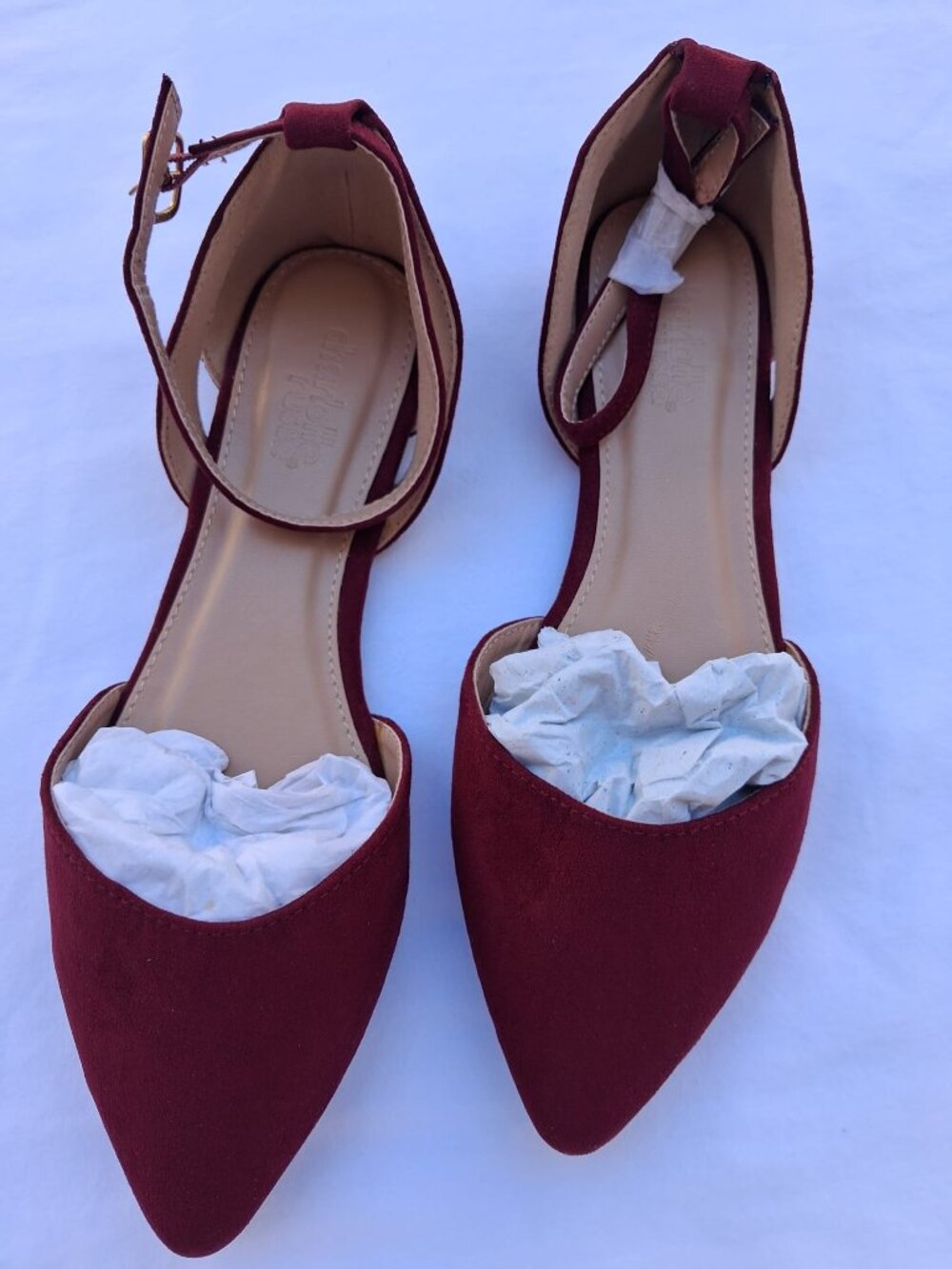 Charlotte Russe Burgundy Suede Ankle Strap Flats Pointed Toe Size 6 NEW
